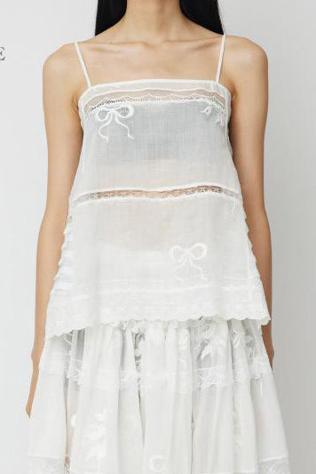 CAROLINE HU Bow Flower Embroidery Linen Lace Set CH-CHSS24T11-BAI Top CHSS24SK09